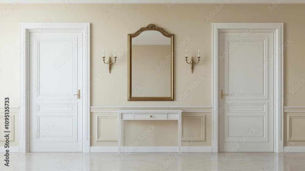 Classic modern hallway corridor interior featuring elegant beige walls and white doors, creating a calm and timeless atmosphere