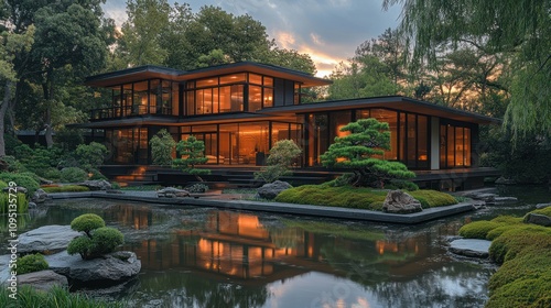 Modern architectural design featuring a serene garden and reflective water elements.