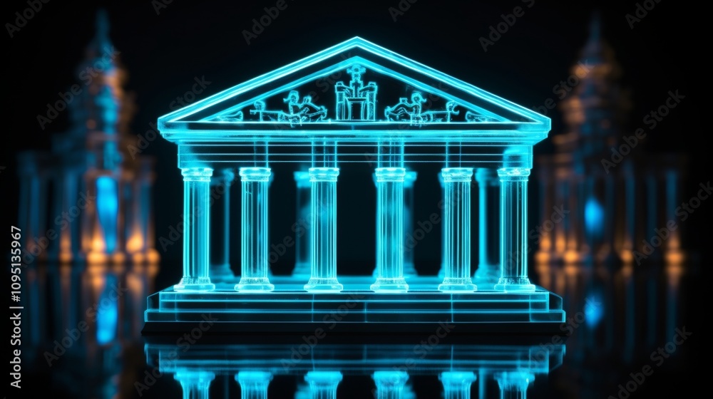 Fototapeta premium Blue neon bank building outline on a dark abstract background representing finance and technology