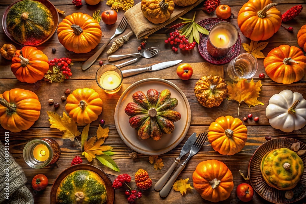 Top View of a Beautifully Set Thanksgiving Dinner Table with Cutlery, Pumpkins, and Seasonal Decorations, Perfect for Holiday Celebrations and Gatherings Top View of a Beautifully Set Thanksgiving Dinner Table with Cutlery, Pumpkins, and Seasonal Decorations, Perfect for Holiday Celebrations and Gatherings