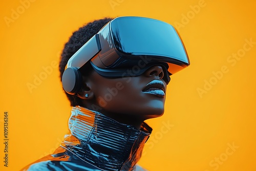A futuristic portrait of a Black woman wearing a VR headset, exploring the digital world.