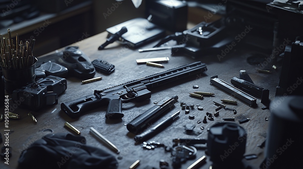 Fototapeta premium A workspace cluttered with firearms, tools, and ammunition.