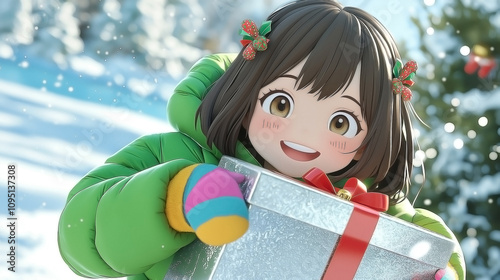 a girl with shoulder-length brown hair adorned with festive clips, She is delightfully hugging a gigantic present box wrapped in shiny silver paper with a bright red ribbon. photo