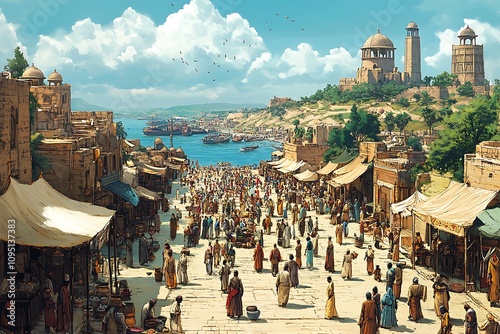 A bustling ancient city harbor with crowded market streets and many people, under a sunny sky. photo