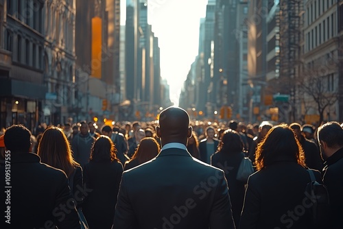 Man in Gray Suit, Golden Hour City Street Crowd