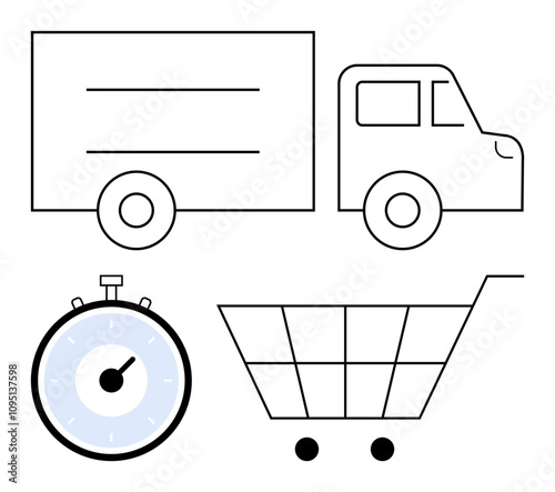 Truck stopwatch shopping cart. Ideal for delivery, logistics, time management, shopping efficiency, business speed, consumer convenience, productivity. Line metaphor