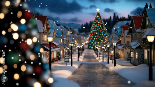 a whimsical street scene in a Christmas village at night,houses adorned with vibrant holiday lights.  photo