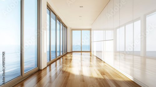 Interior view of a modern home corridor featuring a window wall that allows natural light to illuminate the space.