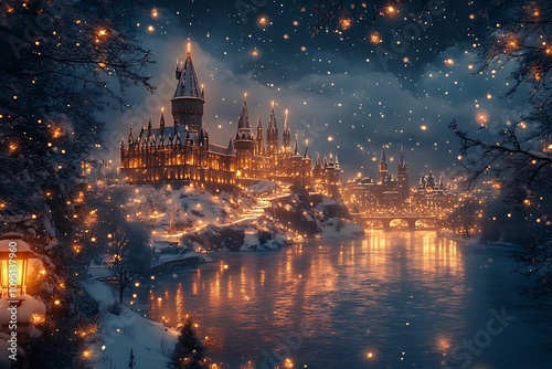A fairytale castle illuminated for Christmas by the river.
