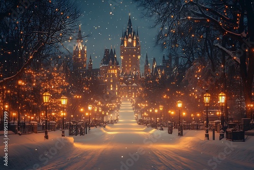 A magical winter night scene of a snow-covered castle path illuminated by warm lights