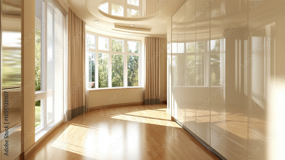 Obraz premium Interior view of a modern home corridor featuring a window wall that allows natural light to illuminate the space.