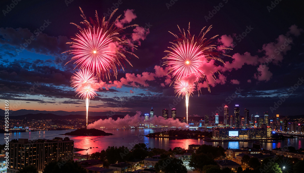 Fireworks over city skyline during Canada Day celebration. Fireworks over city skyline during Canada Day celebration.