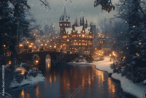 A majestic castle stands tall in a winter wonderland, illuminated by warm lanterns that cast a golden glow over the snow-covered bridge and glistening river.