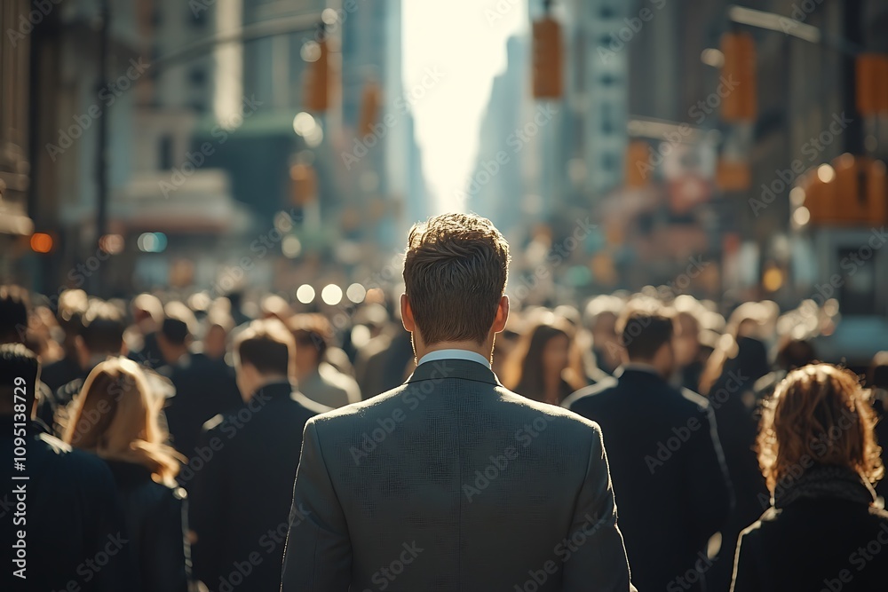 Man in Suit Walking Through Blurred City Crowd Man in Suit Walking Through Blurred City Crowd