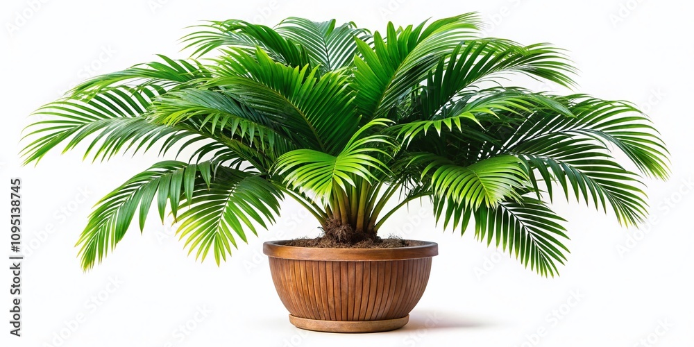 Obraz premium Tropical Palm Tree in Pot - Lush Green Plant Isolated on White Background for Home Decor, Interior Design, and Nature Inspired Themes