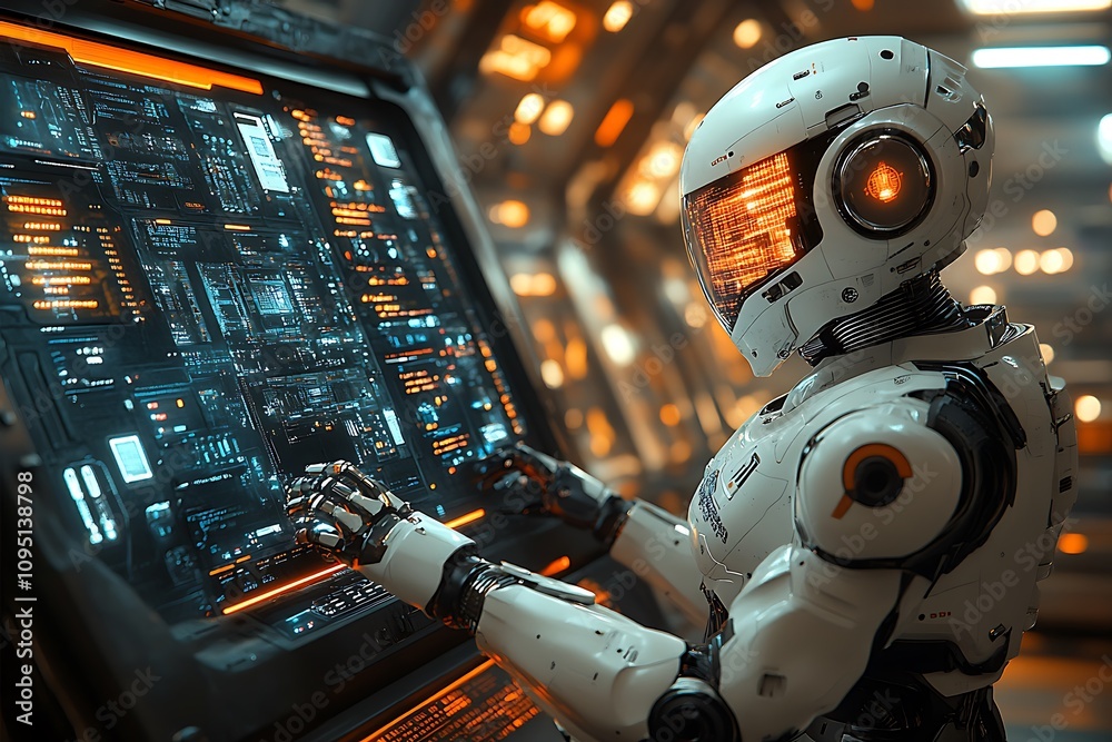 Fototapeta premium A humanoid robot operates a complex computer system in a futuristic spaceship control room.