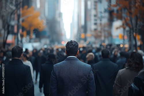 Man in Suit Walking City Street Street Level, High-Rise Cityscape