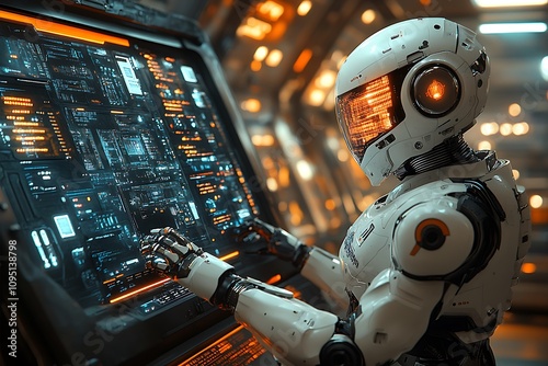 Fototapeta Naklejka Na Ścianę i Meble -  A humanoid robot operates a complex computer system in a futuristic spaceship control room.