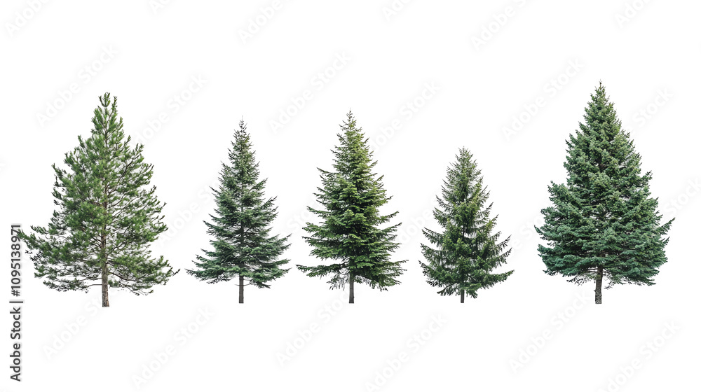 Evergreen trees, white isolate background Evergreen trees, white isolate background