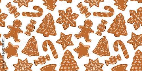 Christmas Gingerbread Cookies seamless pattern. Winter sweet homemade biscuits in different shapes.
