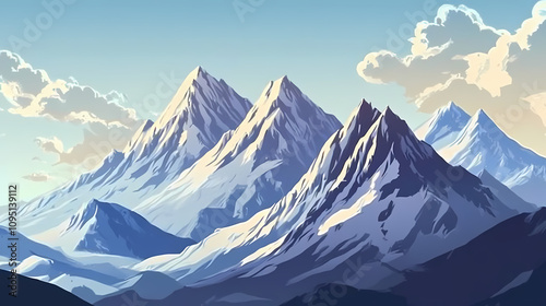 Snow-covered mountain peaks under a cloudy sky. Shadowed Mountain Peaks. Illustration