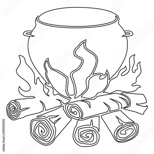 Cauldron on fire vector. Bonfire one line drawing. Cooking on fire image. Firewood line art.