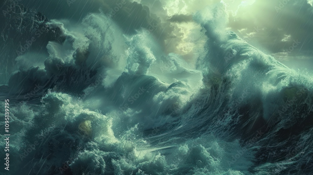 Obraz premium Dramatic ocean waves during stormy weather.