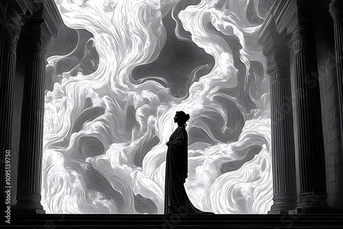 A solitary woman in a flowing dress stands before a swirling cloud backdrop within a classical temple setting. photo