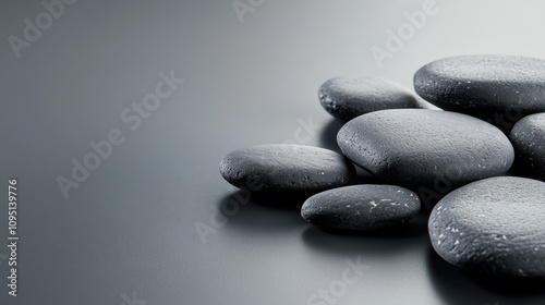 Smooth Black Stones Arranged on a Minimalist Gray Surface for Spa and Relaxation Concept with Natural Elements and Tranquility in Focus