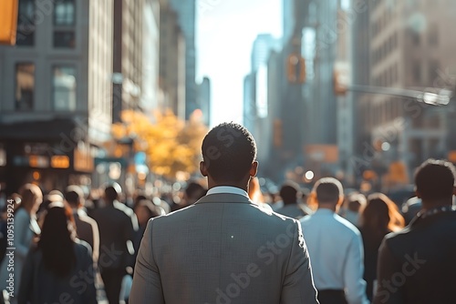 Man in Suit, Sunlit City Street Blurred Background