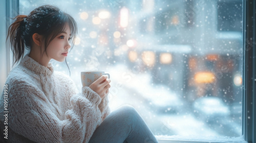 Asian female sitting by a large window, looking out at a snowy street while holding a cup of hot chocolate. She’s dressed in a knitted sweater and cozy leggings,  photo