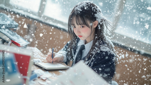 Asian teen girl sitting at a desk in the middle of a room engulfed by a violent snowstorm. Her winter school uniform is covered in snow, but her serene expression and calm  photo