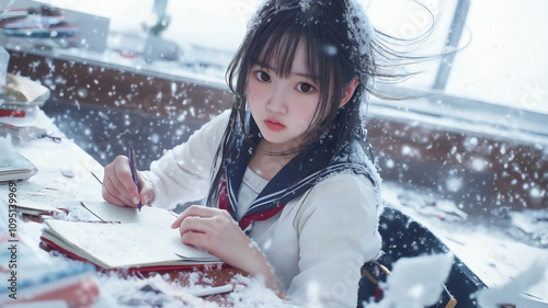 Asian teen girl sitting at a desk in the middle of a room engulfed by a violent snowstorm. Her winter school uniform is covered in snow, but her serene expression and calm  photo