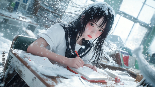 Asian teen girl sitting at a desk in the middle of a room engulfed by a violent snowstorm. Her winter school uniform is covered in snow, but her serene expression and calm  photo