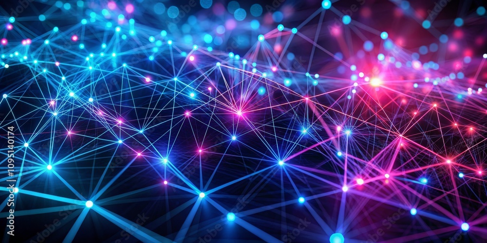 Abstract Network Interconnected Glowing Nodes in Blue and Pink