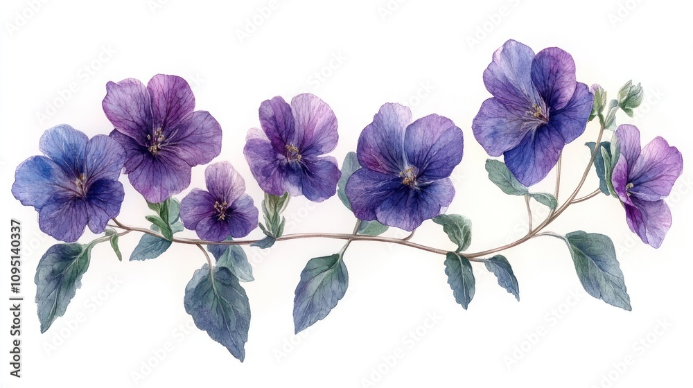 Fototapeta premium A delicate watercolor illustration of purple violets with green leaves.