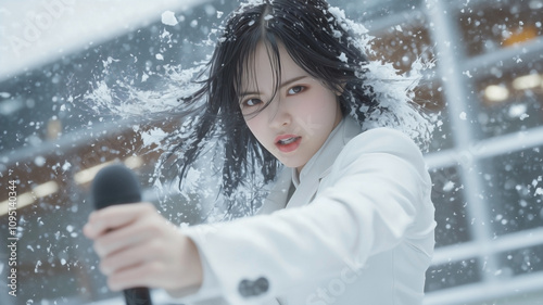 An Asian woman in a white office suit standing outdoors in a raging snowstorm, giving a presentation. her expression is one of fierce concentration. photo