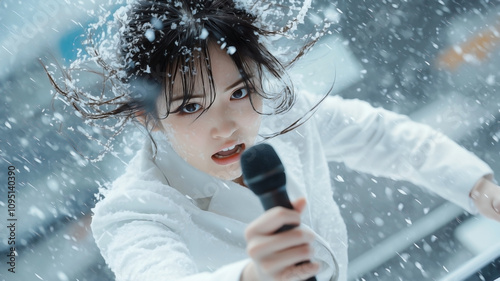 An Asian woman in a white office suit standing outdoors in a raging snowstorm, giving a presentation. her expression is one of fierce concentration. photo