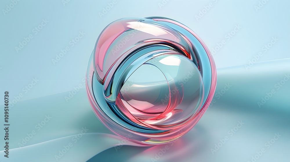 Abstract 3D glass sphere with pink and blue gradient on a light blue background. Abstract 3D glass sphere with pink and blue gradient on a light blue background.