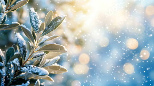 Snow covered branches glisten in the sunlight during a winter afternoon photo