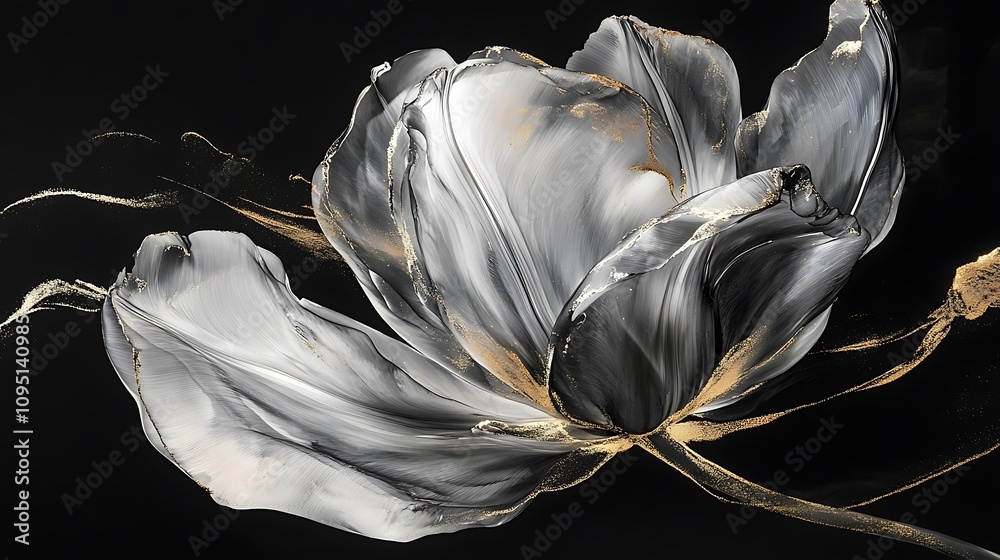 Fototapeta premium Abstract Black, White, and Gold Flower Painting