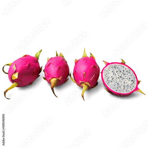 Vibrant pink dragon fruits with one sliced open, showcasing its white flesh and black seeds. photo