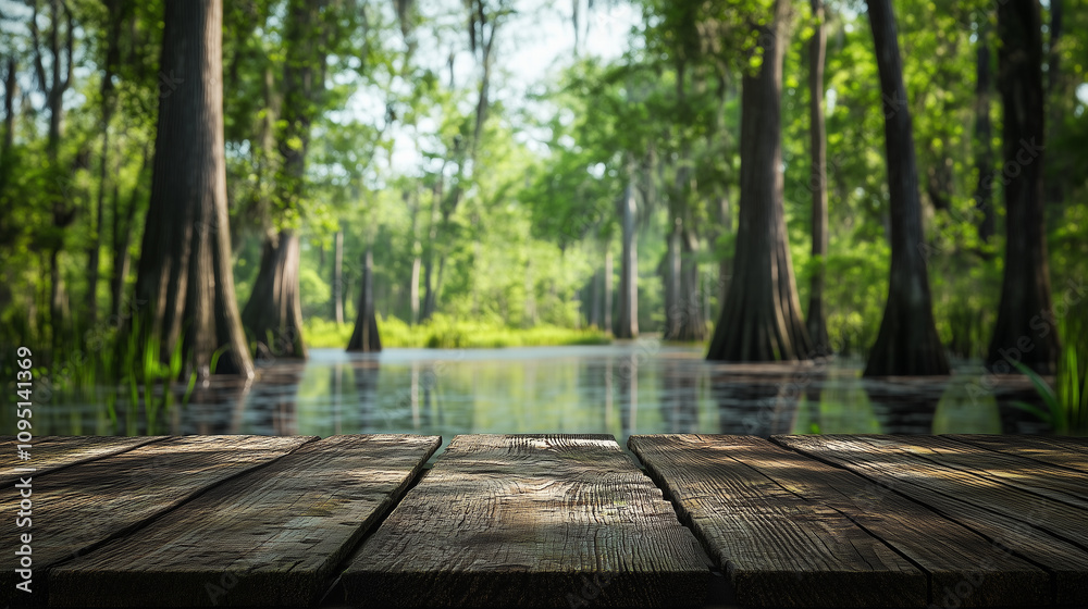 wooden table with cypress trees and a swamp in the foreground. wooden table with cypress trees and a swamp in the foreground.
