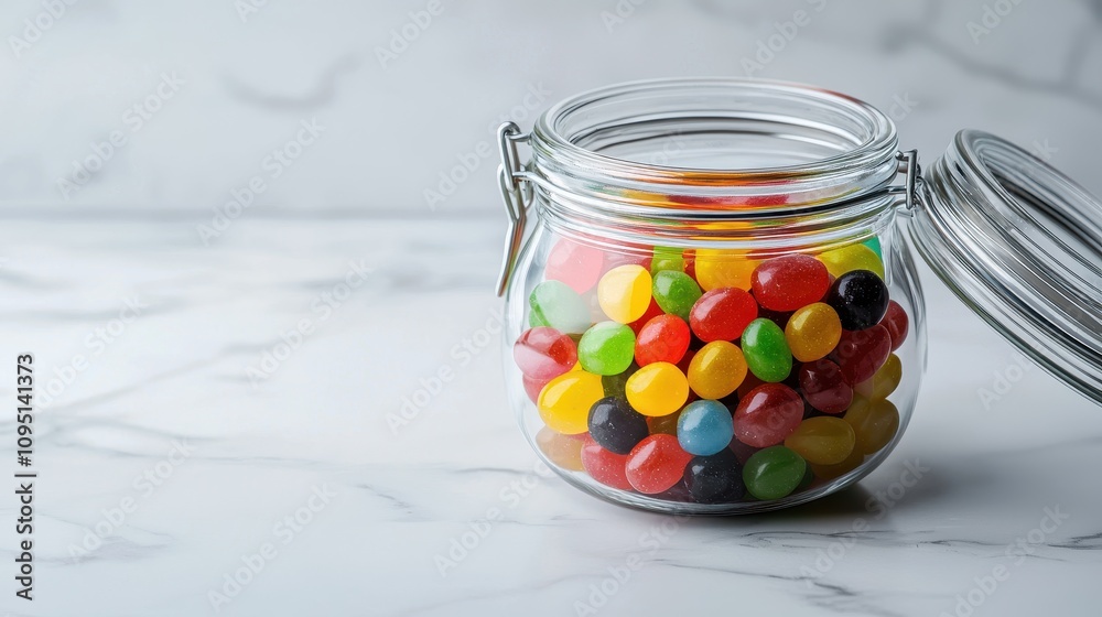 Glass jar of colorful jellybeans on marble surface. Glass jar of colorful jellybeans on marble surface.