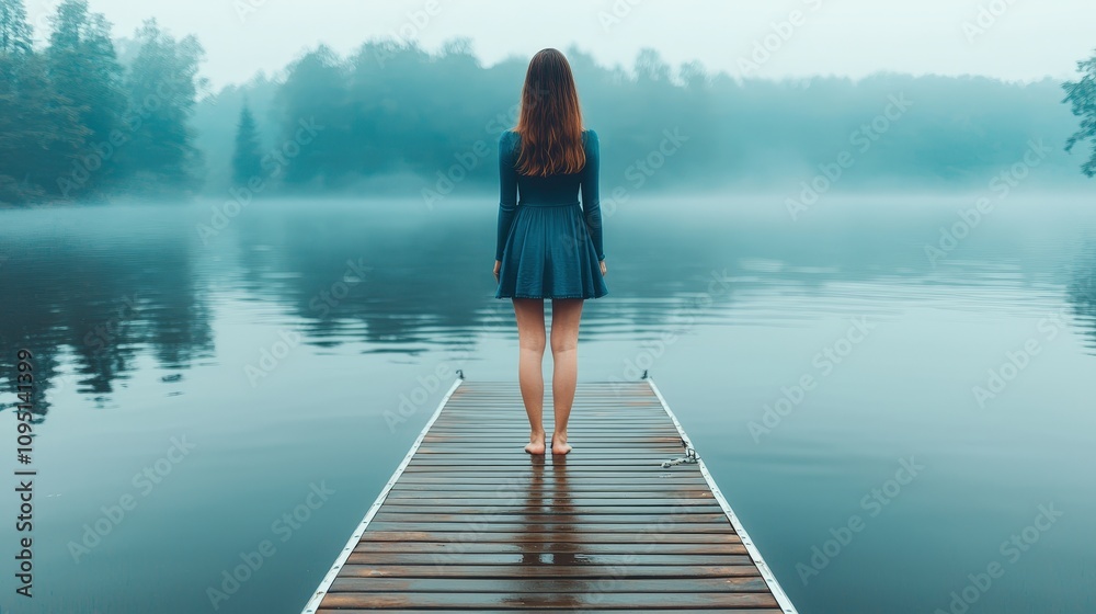 Serene Woman on Misty Lake Dock Peaceful Solitude Summer Vacation Serene Woman on Misty Lake Dock Peaceful Solitude Summer Vacation