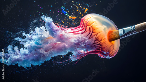 big colorful jellyfish emerging from an artist s paint brush photo