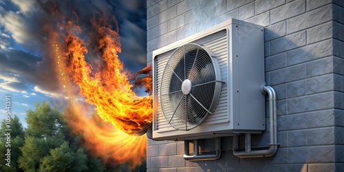 Air Conditioner on Fire A 3D Rendering of an AC Unit With Blazing Flames Erupting From Its Fan
