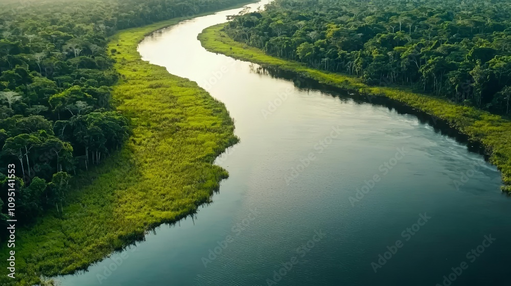 Majestic aerial shot of Amazon jungle, sunlight highlighting natural textures and winding waterways, biodiversity haven, tranquil landscape Majestic aerial shot of Amazon jungle, sunlight highlighting natural textures and winding waterways, biodiversity haven, tranquil landscape