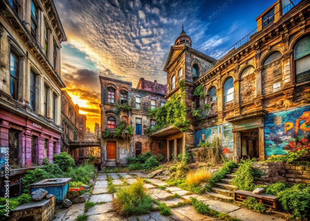 Fototapeta premium Urban Exploration Photography: Captivating Captures of Abandoned Buildings and Street Art in a Vibrant City Environment for Creative Projects and Visual Storytelling