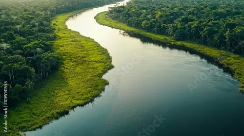 Majestic aerial shot of Amazon jungle, sunlight highlighting natural textures and winding waterways, biodiversity haven, tranquil landscape